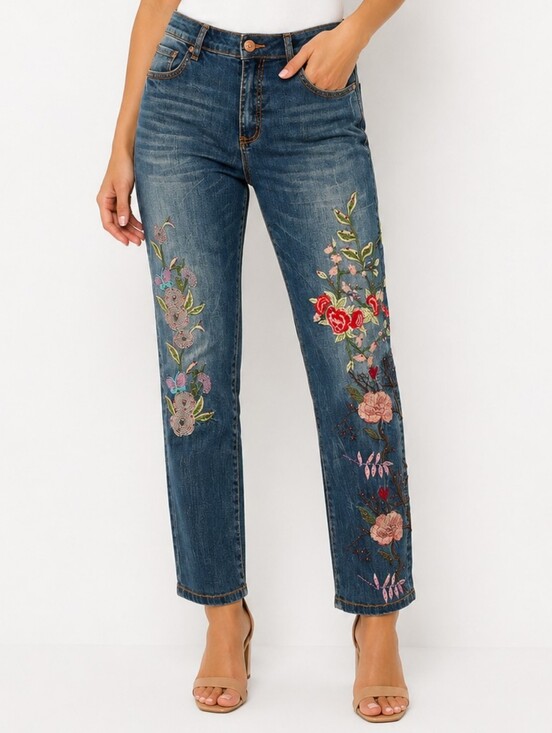 V Cristina Denim - V Cristina Embroidered Floral Jeans Size 14 Boho Rhinestone Denim